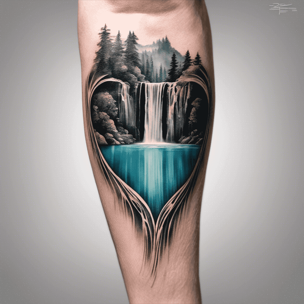 Artistic tattoo of a landscape featuring a waterfall, lake, and pine trees encased in a heart-shaped frame on a person's leg.