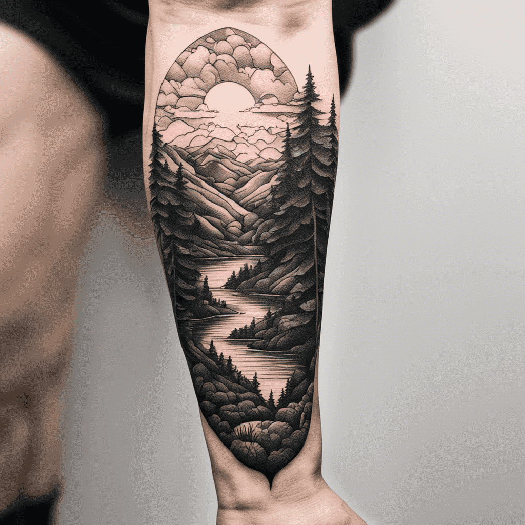 A detailed black and white landscape tattoo on someone's forearm, featuring pine trees, mountains, clouds, and a river.