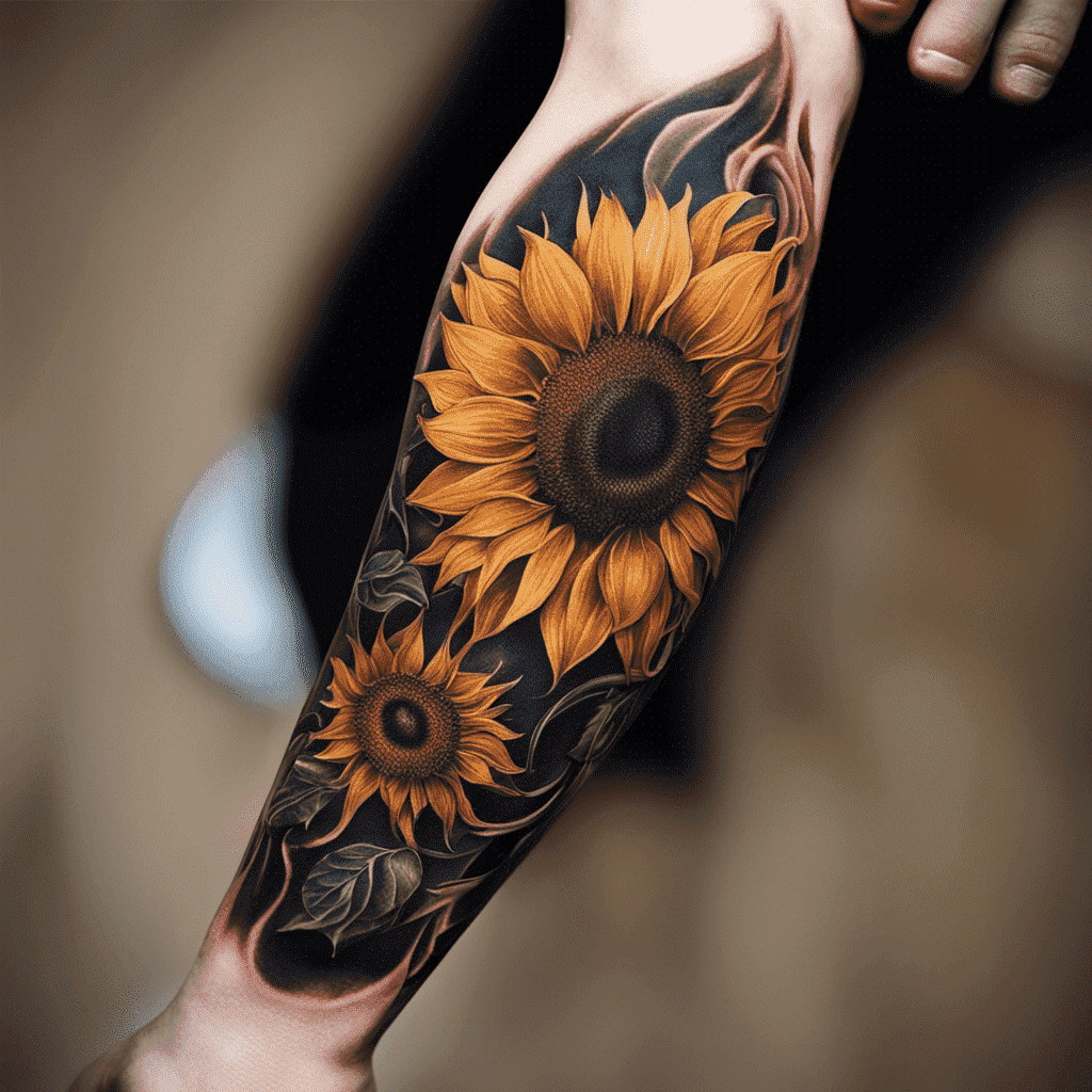 A person's arm with a sleeve tattoo featuring realistic sunflowers against a dark background.
