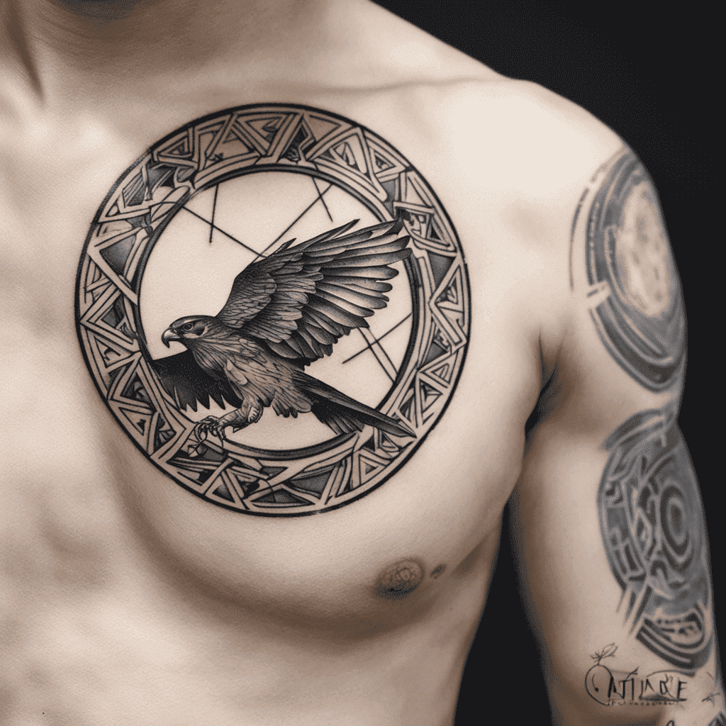 A detailed black and gray tattoo of a hawk in flight centered within a geometric circular frame on a person's chest.