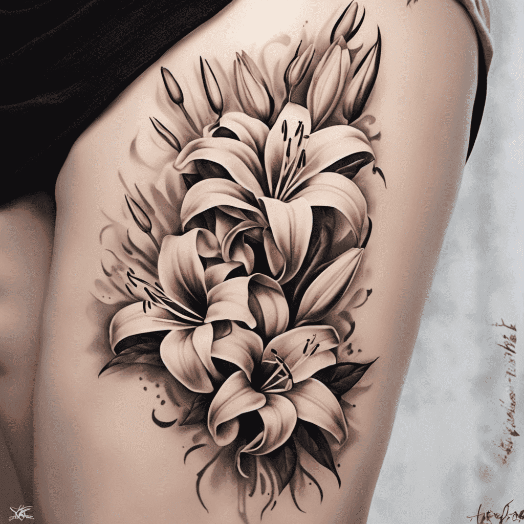 A black and grey realistic tattoo of lilies on someone's thigh with intricate shading and details.