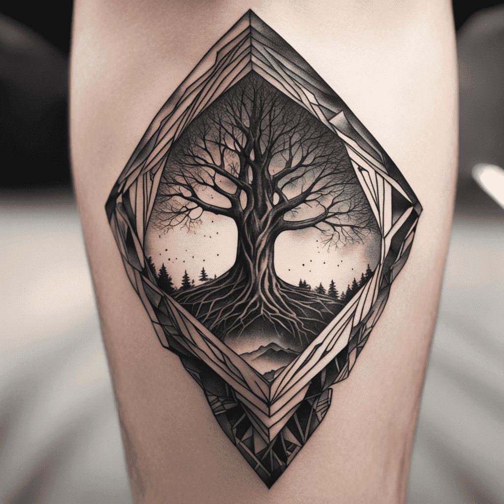 A detailed black and gray tattoo of a tree within a geometric diamond shape on someone's thigh.