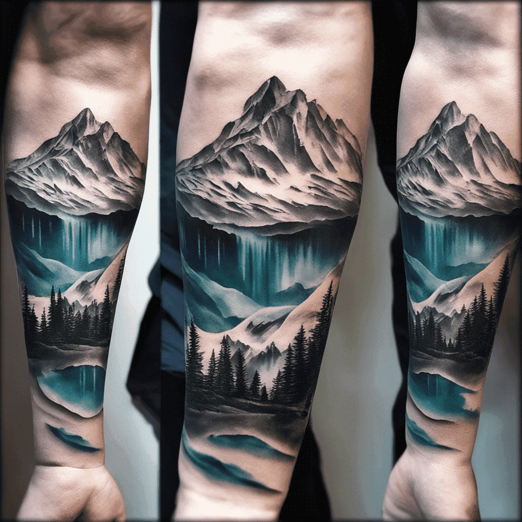 Three stages of a detailed mountain landscape tattoo on a person's forearm, showing a peak with surrounding forest and mist.