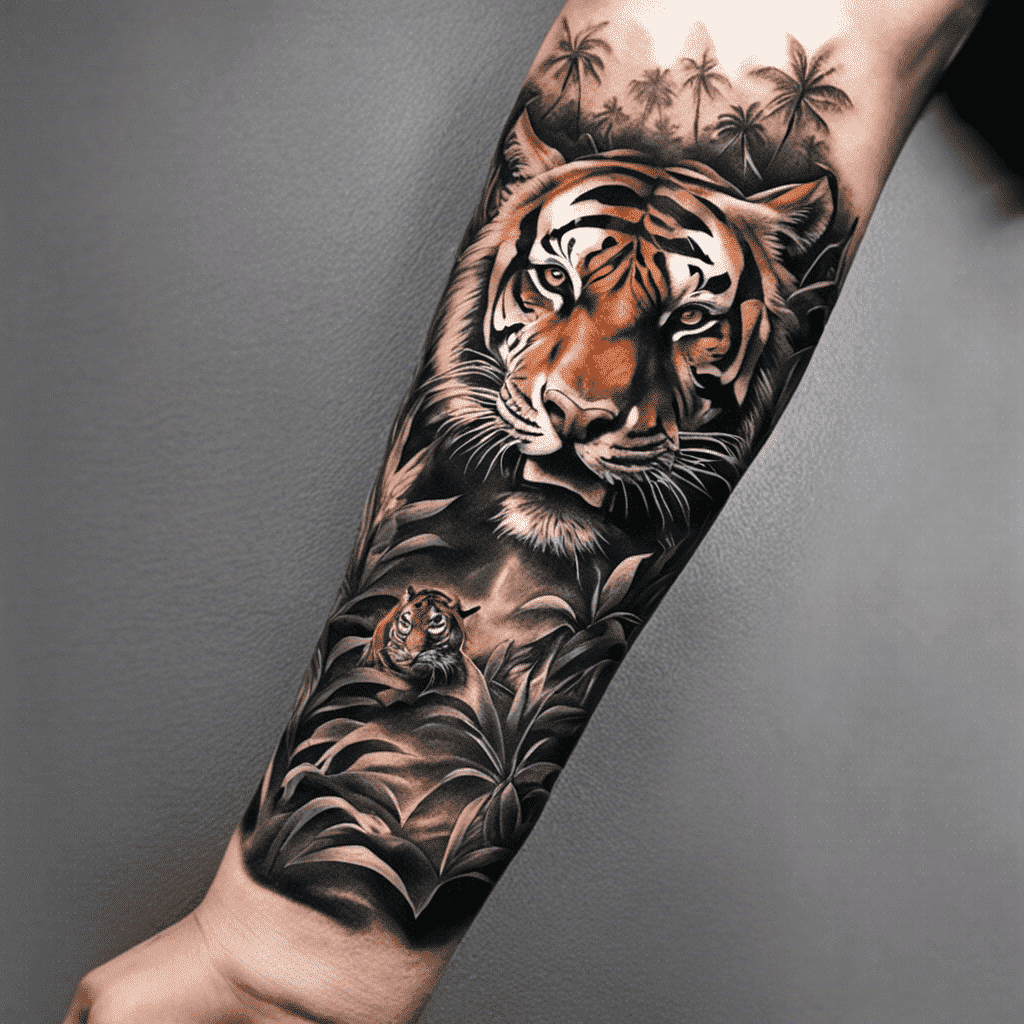 A highly detailed black and grey tattoo of a tiger's face and a cub amidst jungle foliage on a person's arm.