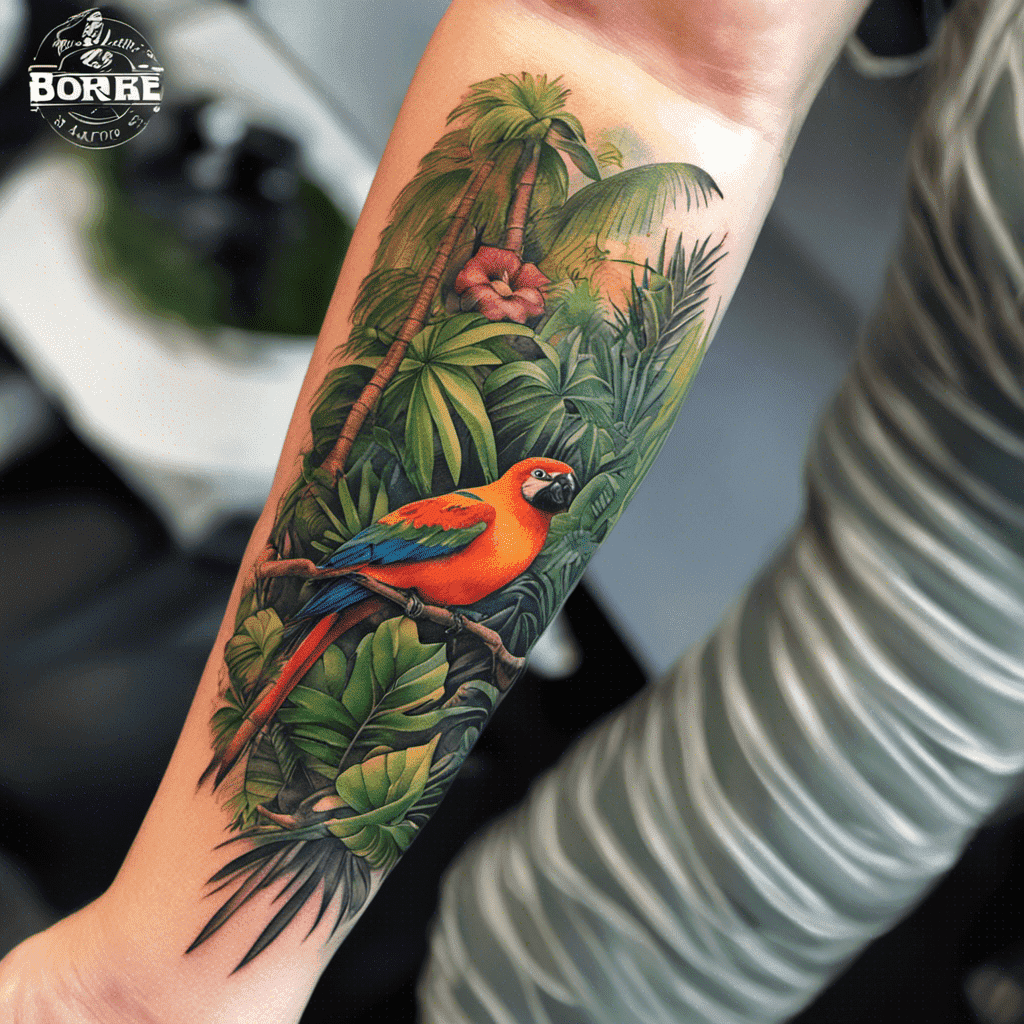 A colorful tattoo of a parrot sitting on a branch amidst tropical foliage on someone's arm.