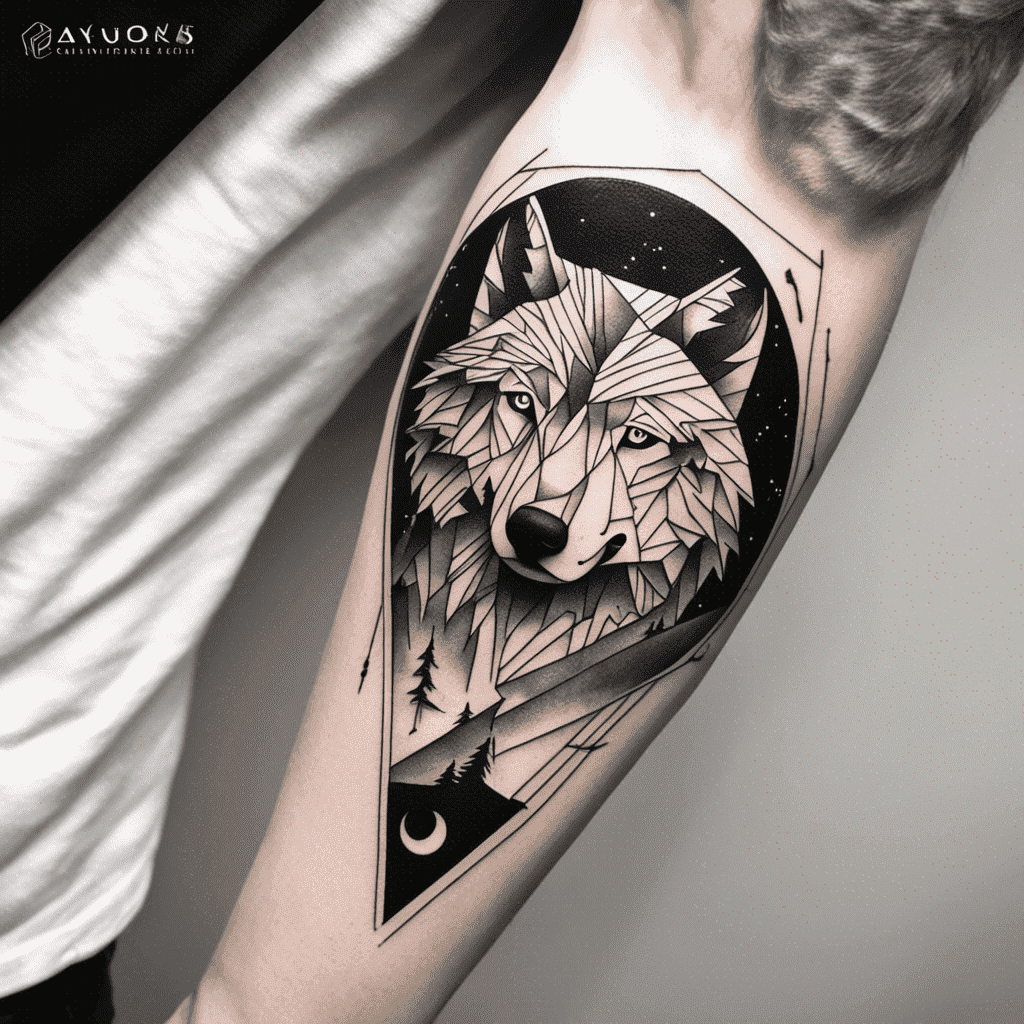 A detailed geometric wolf tattoo on a person's upper arm featuring a forest and moon within its silhouette.