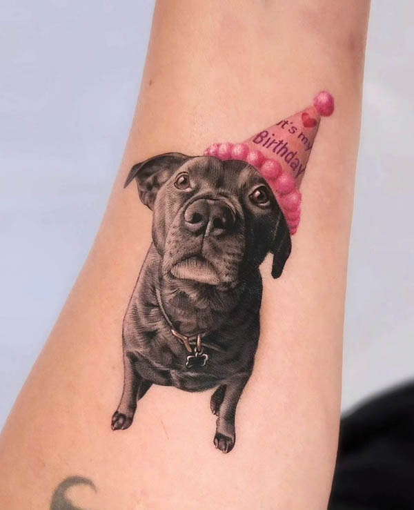 Birthday dog tattoo by @cien_ink