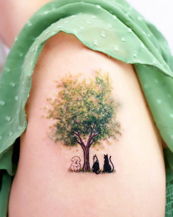 Cats and dog under the tree tattoo by @tattooist_namoo