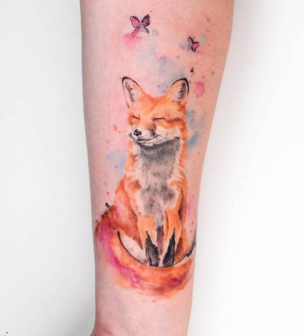 Dreamy watercolor butterflies and fox tattoo by @amanda.mypreciousink