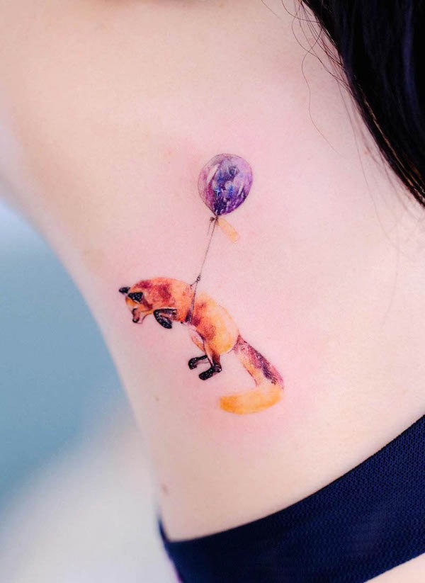 Fox and balloon tattoo by @247.k