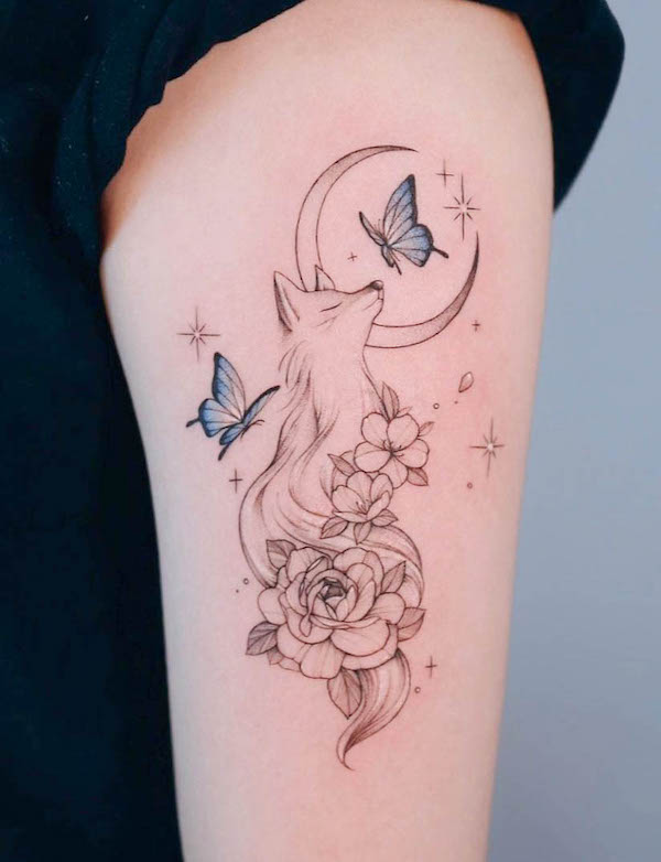 Fox and moon fine line tattoo by @yeowool_tattooer