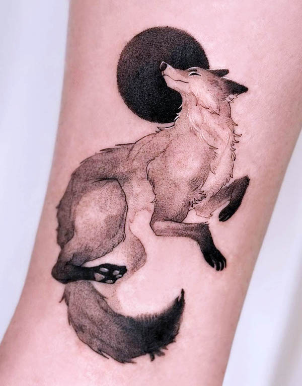 Fox and moon tattoo by @yusoo.tattoo