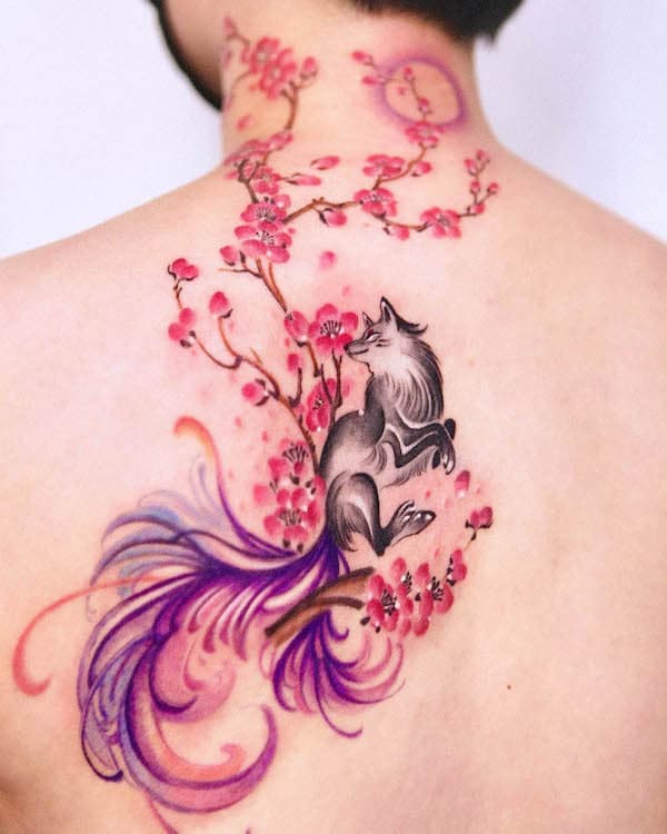 Fox and plum blossoms back tattoo by @gooka.tattoo
