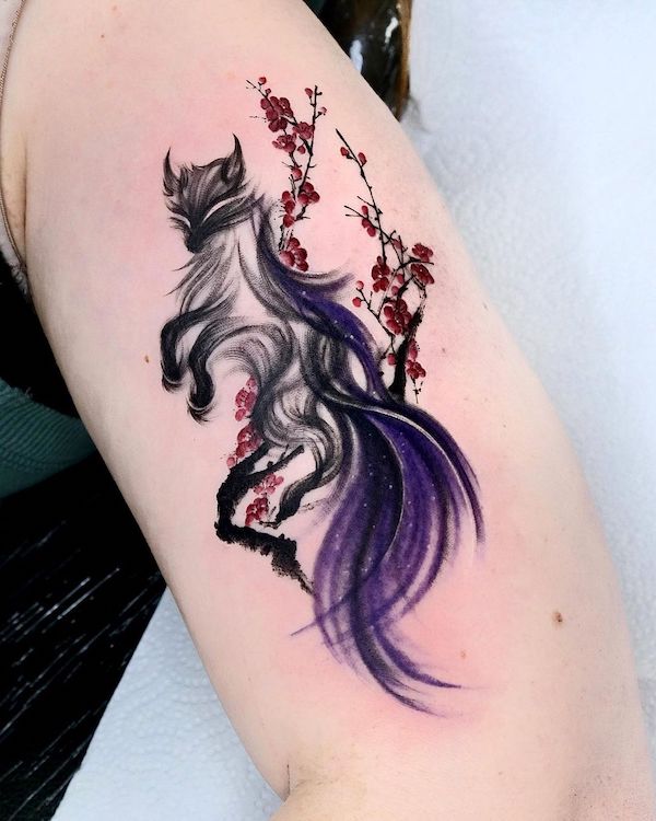 Fox and plum flowers tattoo by @suryo.tattoo