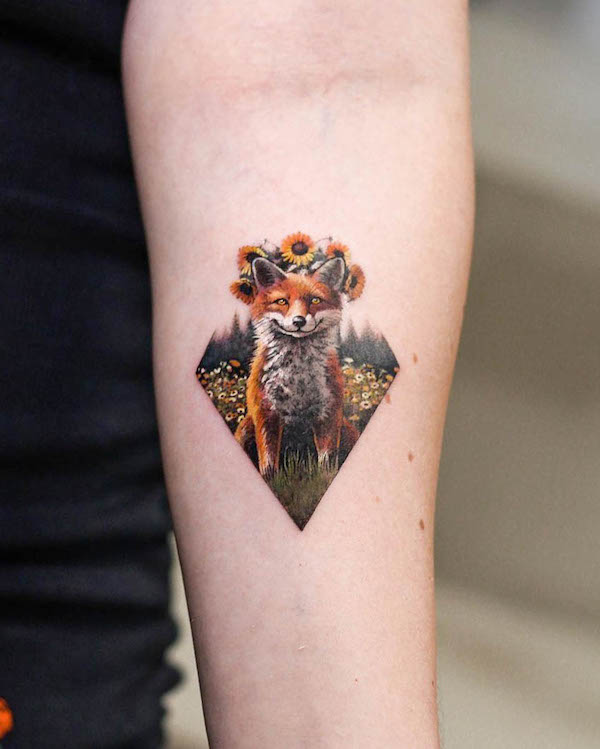 Fox and sunflower tattoo by @debrartist