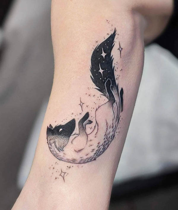 Magical black fox tattoo by @kasen.tattoo