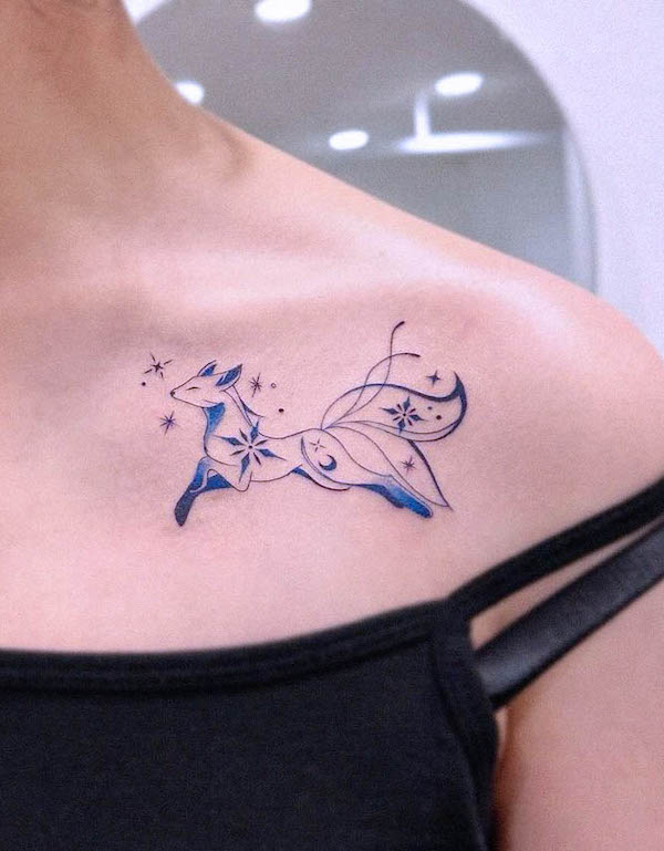 Mysterious fox collarbone tattoo by @e.hyang_.tattoo