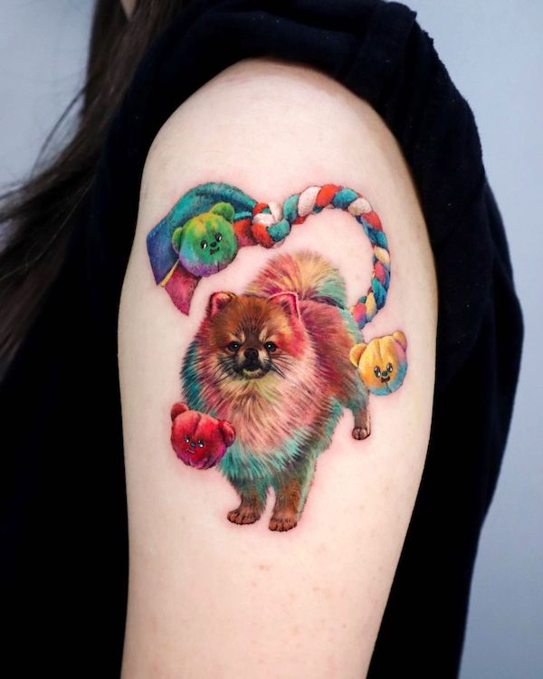 Rainbow teddy bear and dog tattoo by @non_lee_ink
