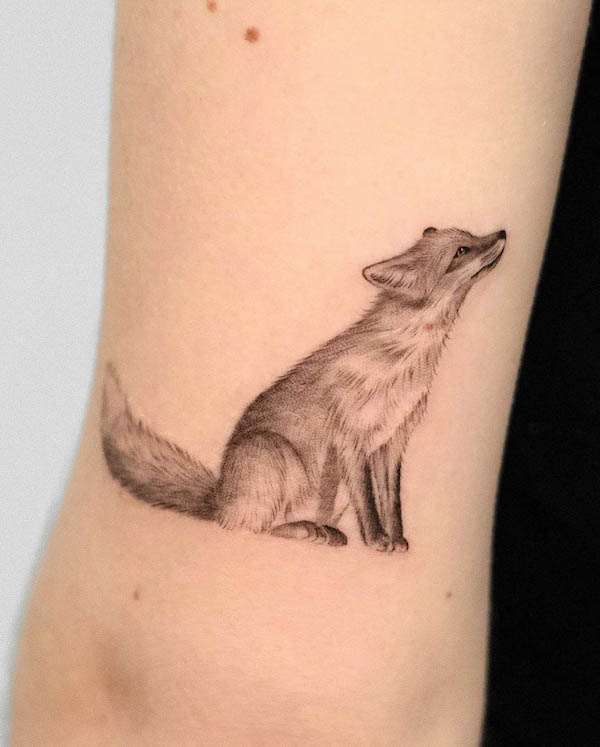 Realistic black and grey fox tattoo by @maro_ink