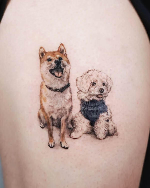 Shiba and poodle tattoo by @victoria.tattoohk