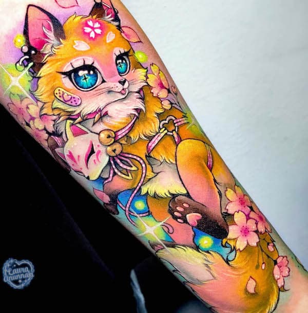 Cute colored fox arm tattoo by @lauraanunnaki