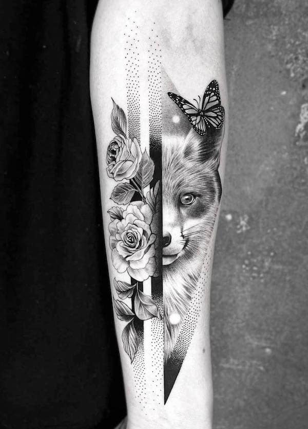 Intricate realism butterfly and fox tattoo by @ro_tattoo