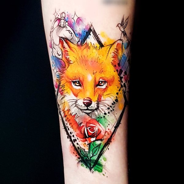 Vibrant watercolor fox tattoo by @baltapaprocki