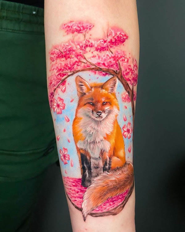 Realism fox and cherry blossom tattoo by @bycamilaconti