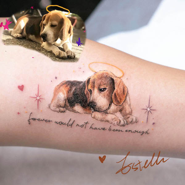 Dog memorial tattoo with quote by @tattooist_estelle