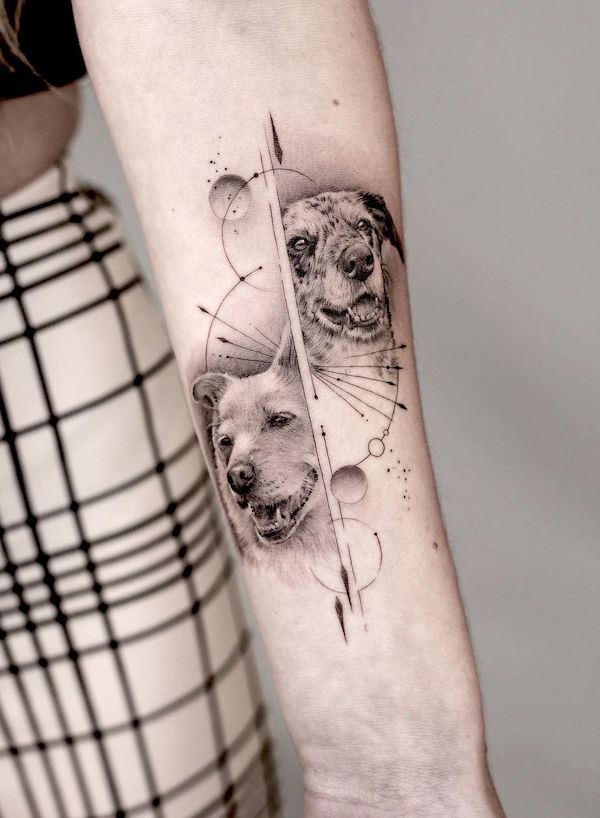 Double dog geometric forearm tattoo by @rachaelsawtelltattoo