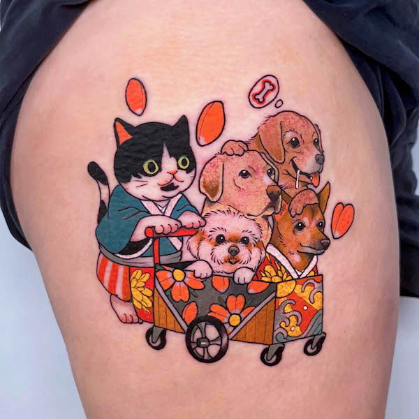 Cute cartoon style dog and cat tattoo by @chen.tattooer