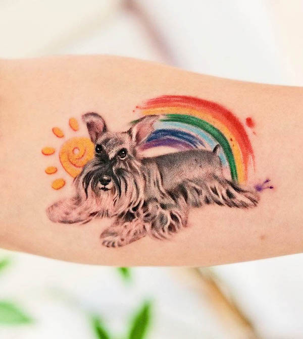 Rainbow and dog memorial tattoo by @greens_tattoo