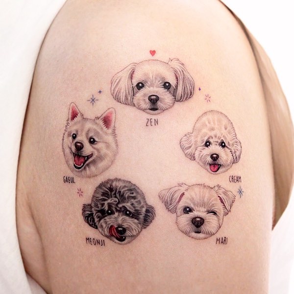 Dog family tattoo by @tattooist_nanci