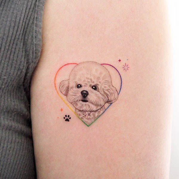 Rainbow puppy poodle tattoo by @tattooist_nanci