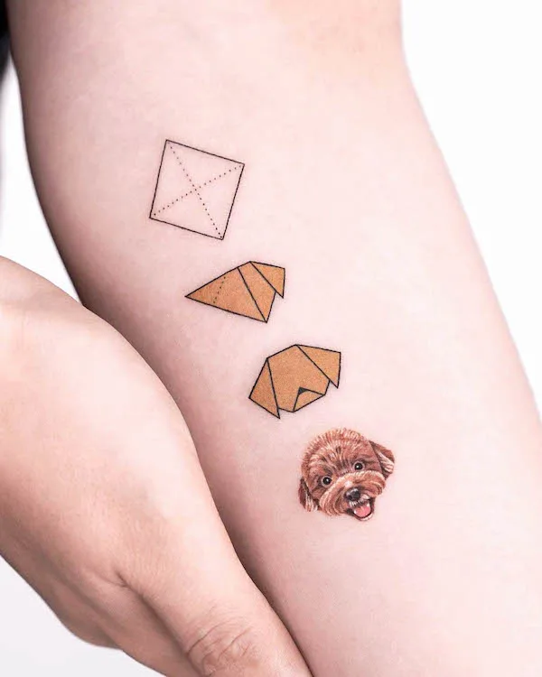 Creative origami dog tattoo by @oble_tattoo