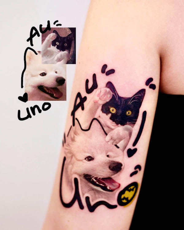 Super cute cat and dog tattoo by @fattie_tao