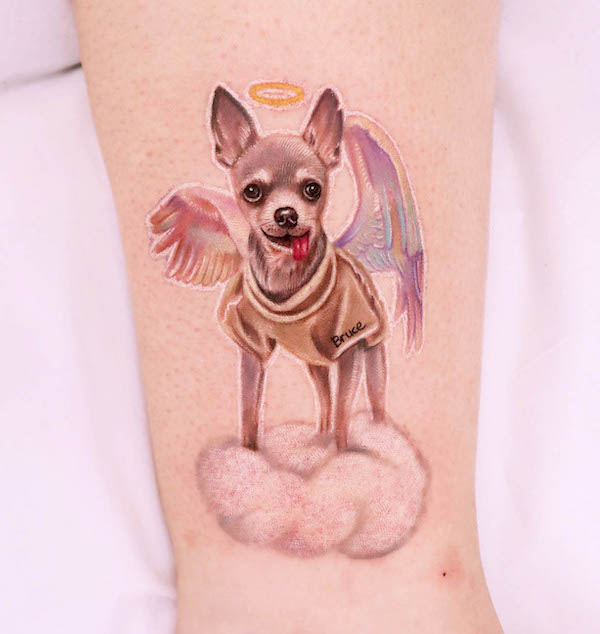 Angel dog tattoo by @greens_tattoo