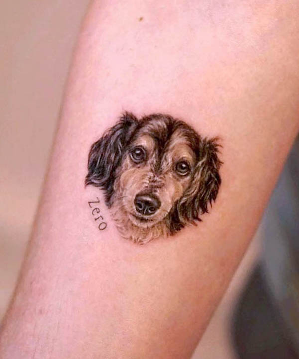 Realistic dog tattoo with name by @ara__ink