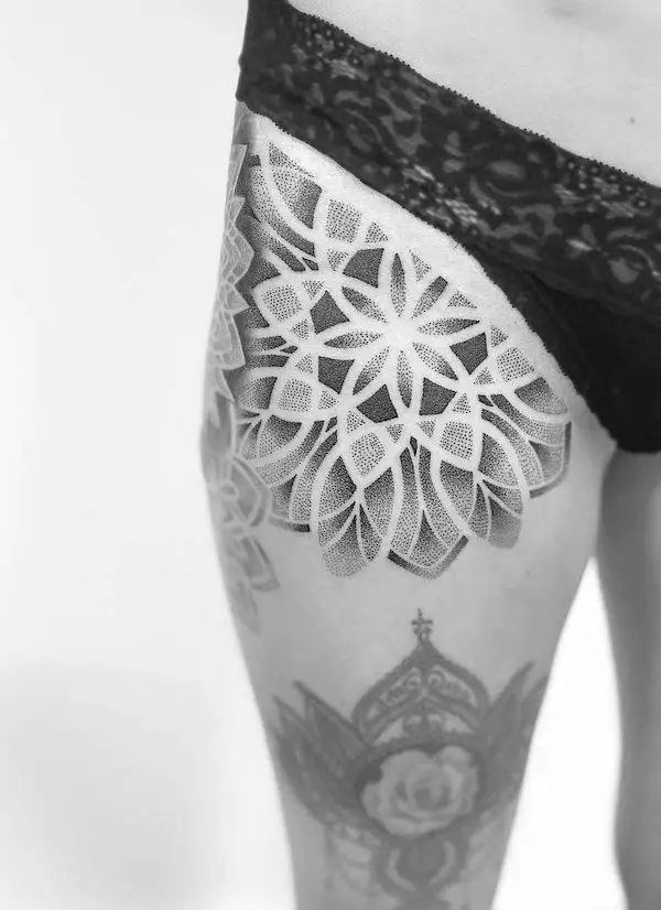 Half mandala thigh tattoo by @mary_moonchild_ink