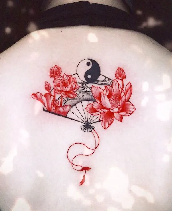 Paper fan and yin yang lotus tattoo by @rahon_tt