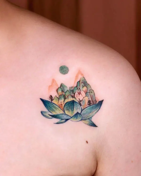 Landscape lotus tattoo by @1sle_tattoo
