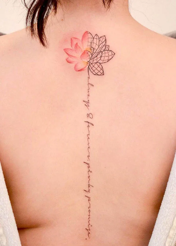 Half-geometric lotus spine tattoo by @area6tattoostudio
