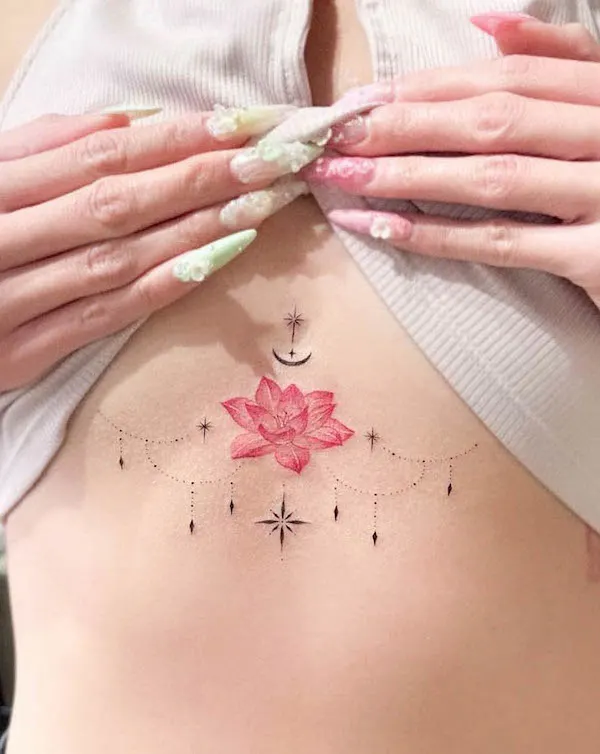 Lotus ornamental sternum tattoo by @e.hyang_.tattoo