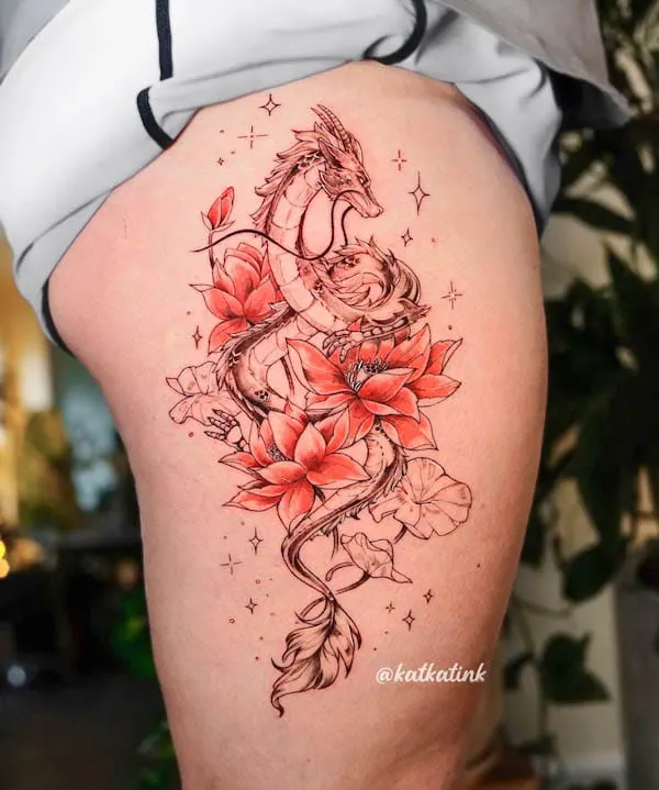 Whimsical dragon and lotus tattoo by @katkatink