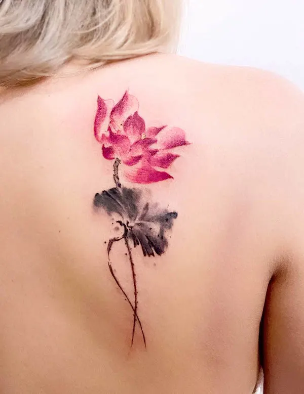 Ink wash style lotus tattoo by @florasummertattoo