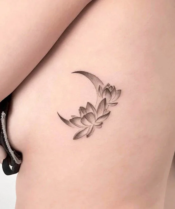 Moon and lotus tattoo by @maro_ink