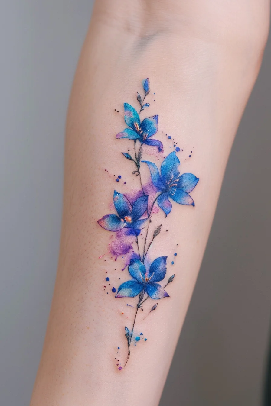 A delicate arrangement of blue flowers runs vertically along the arm, blending beautifully with soft shades of purple and pink. The flowers are meticulously detailed, creating a realistic and elegant look. The watercolor effect in the background adds a whimsical and ethereal touch, making the design stand out.