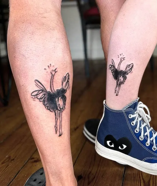 Matching ostrich tattoos for father and daughter by @catlemoyne