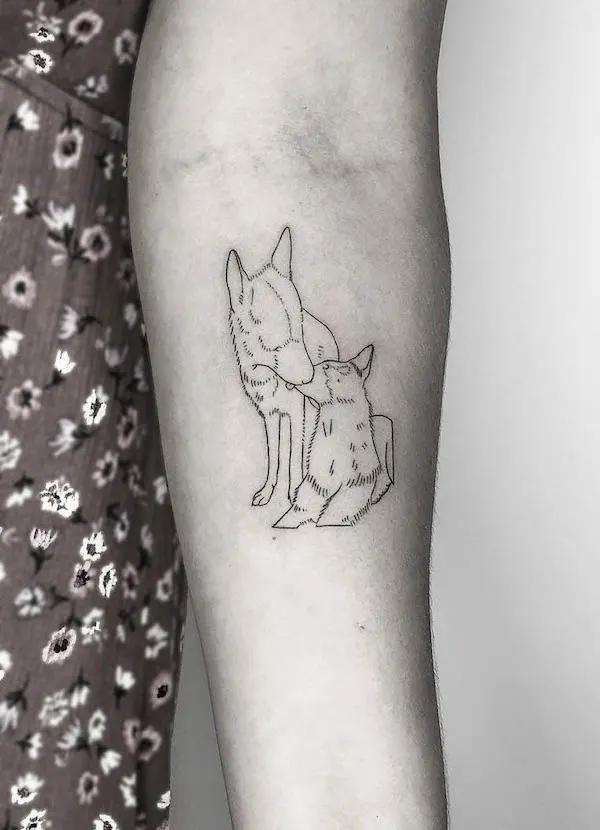 Wolf tattoo for father and daughter by @moonchild.tattoo