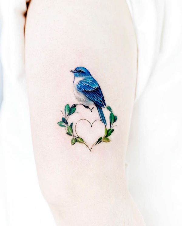 Tiny bird and heart shape wreath tattoo by @foret_tattoo